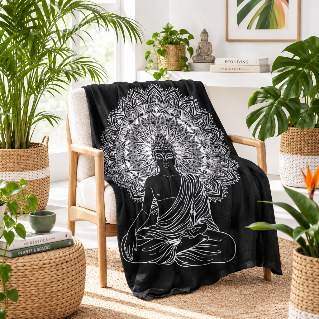 A black throw blanket draped over a light wood armchair in a bright, plant-filled room. The blanket features a large white line-art illustration of a seated Buddha surrounded by a mandala-like circular pattern.