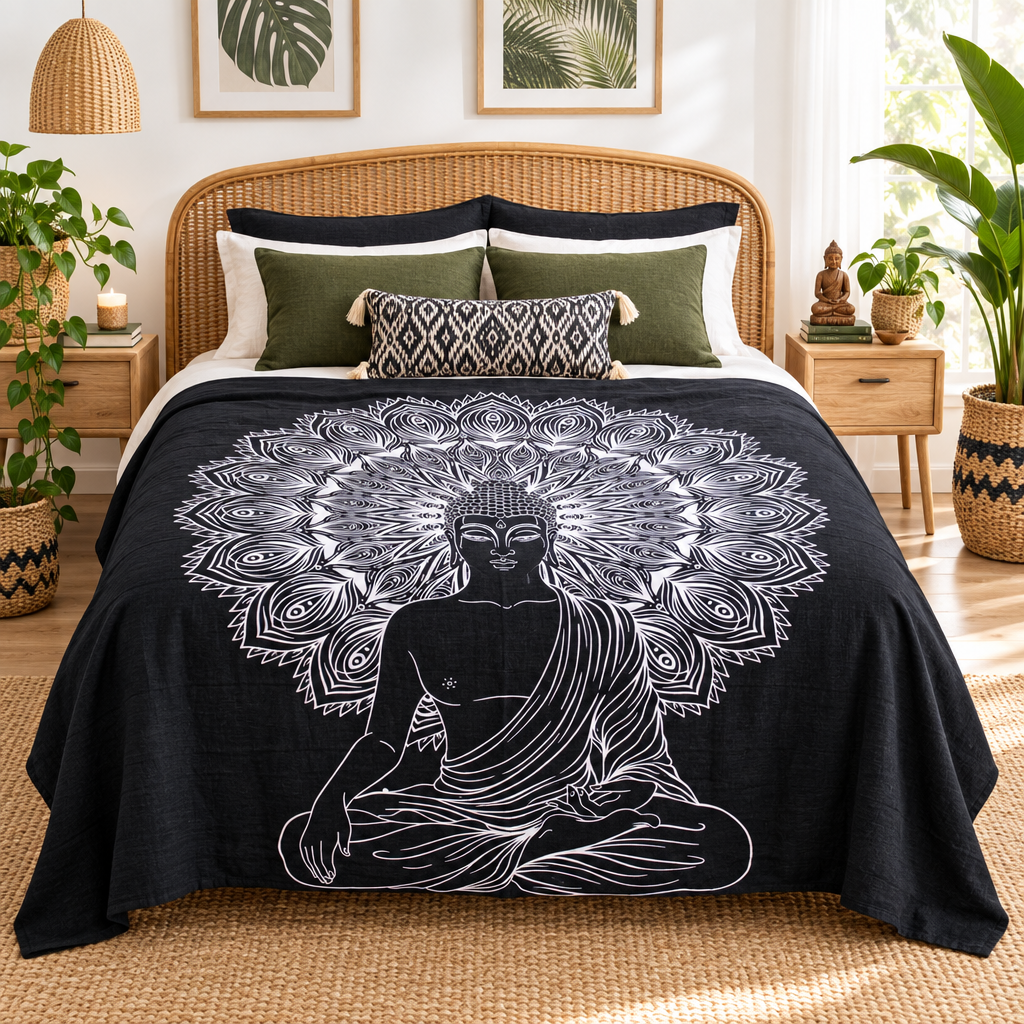 Black cotton Buddha bedspread with a bold white mandala motif.