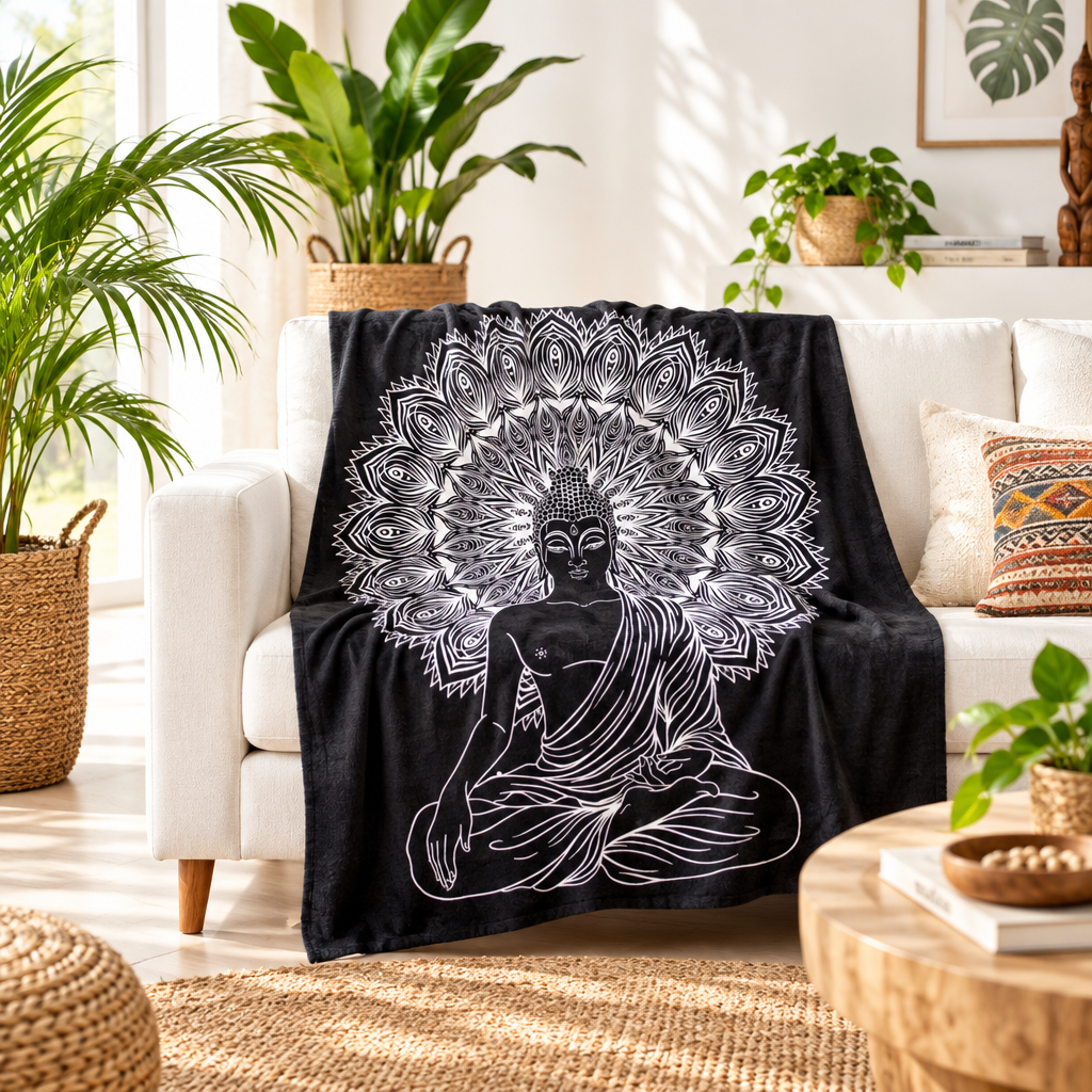 A black throw blanket draped over a white sofa in a bright, plant-filled living room. The blanket features a large white mandala-style Buddha meditative design.