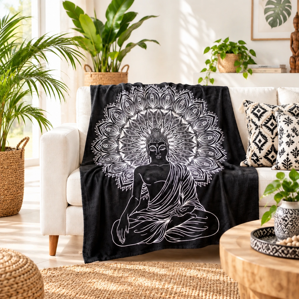 A black throw blanket draped over a white sofa in a bright living room, featuring a large white mandala-style Buddha meditative design. The scene includes potted plants, patterned pillows, a woven rug, and natural sunlight streaming through the window.