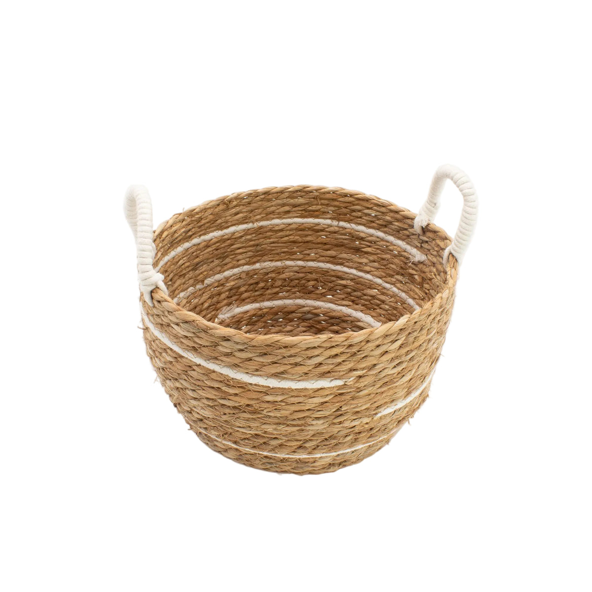 Medium natural woven basket with white stripes and two loop handles.