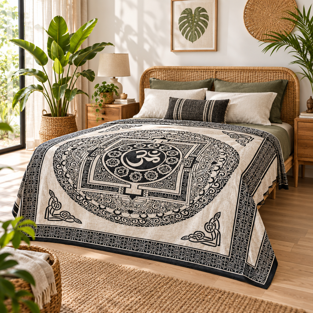 A bohemian-style bed in a warm, sunlit bedroom featuring a cream and black mandala-patterned throw with an Om symbol in the centre. The room is styled with wooden furniture, potted plants, and natural light.