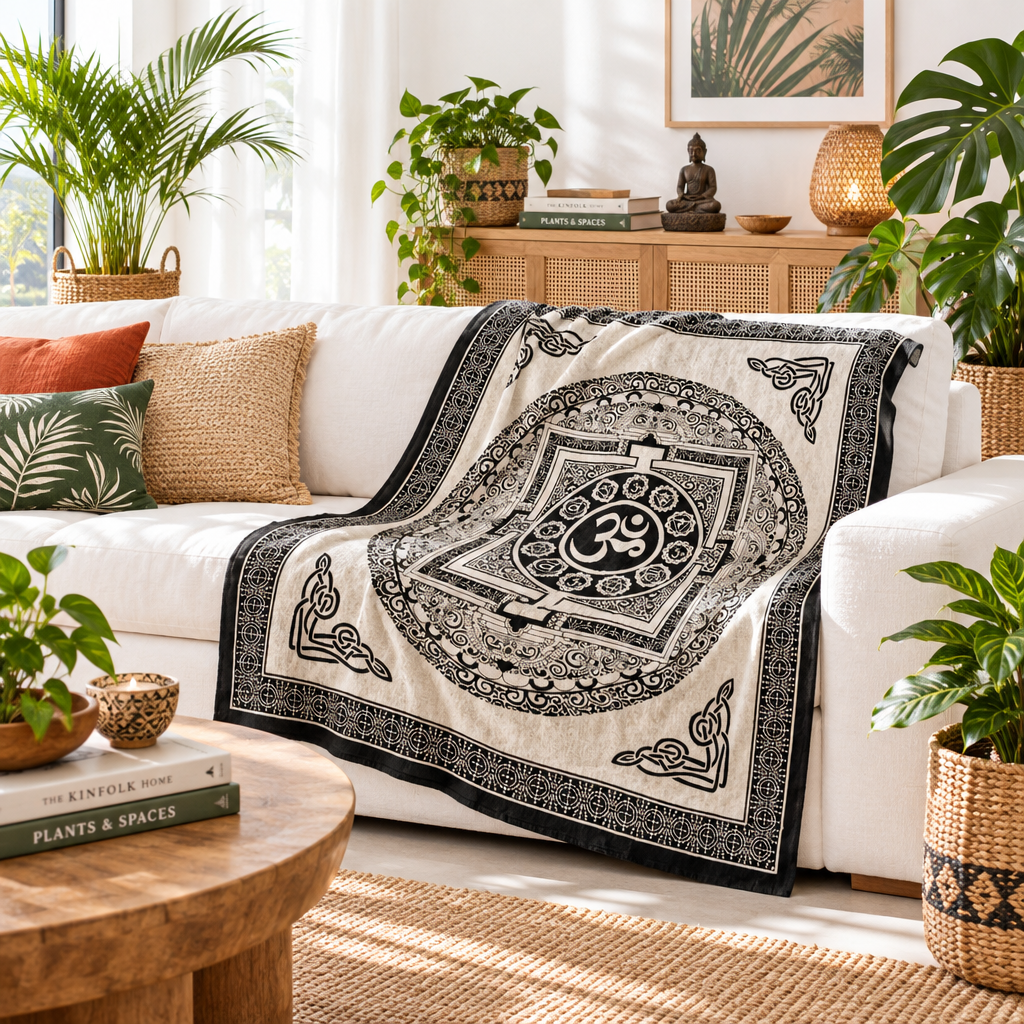 A black and off-white patterned throw blanket with a central Om symbol is draped over a white sofa in a bright, modern living room decorated with plants and wooden furniture.