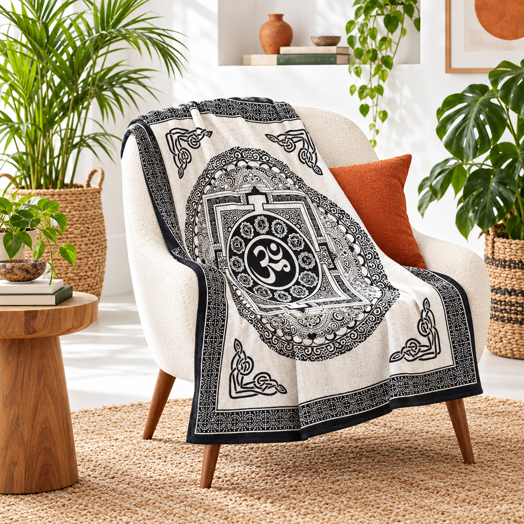Monochrome cotton textile featuring a central OM symbol surrounded by intricate mandala patterns