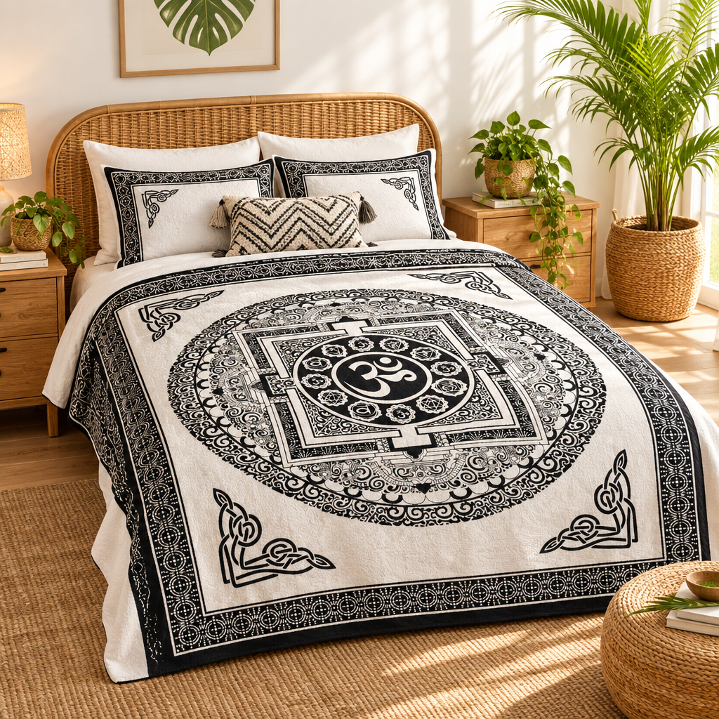 A bed dressed in a black-and-off-white printed bedspread with a large mandala-style design and Om symbol, styled in a warm, sunlit bedroom with plants, wood furniture, and woven decor.