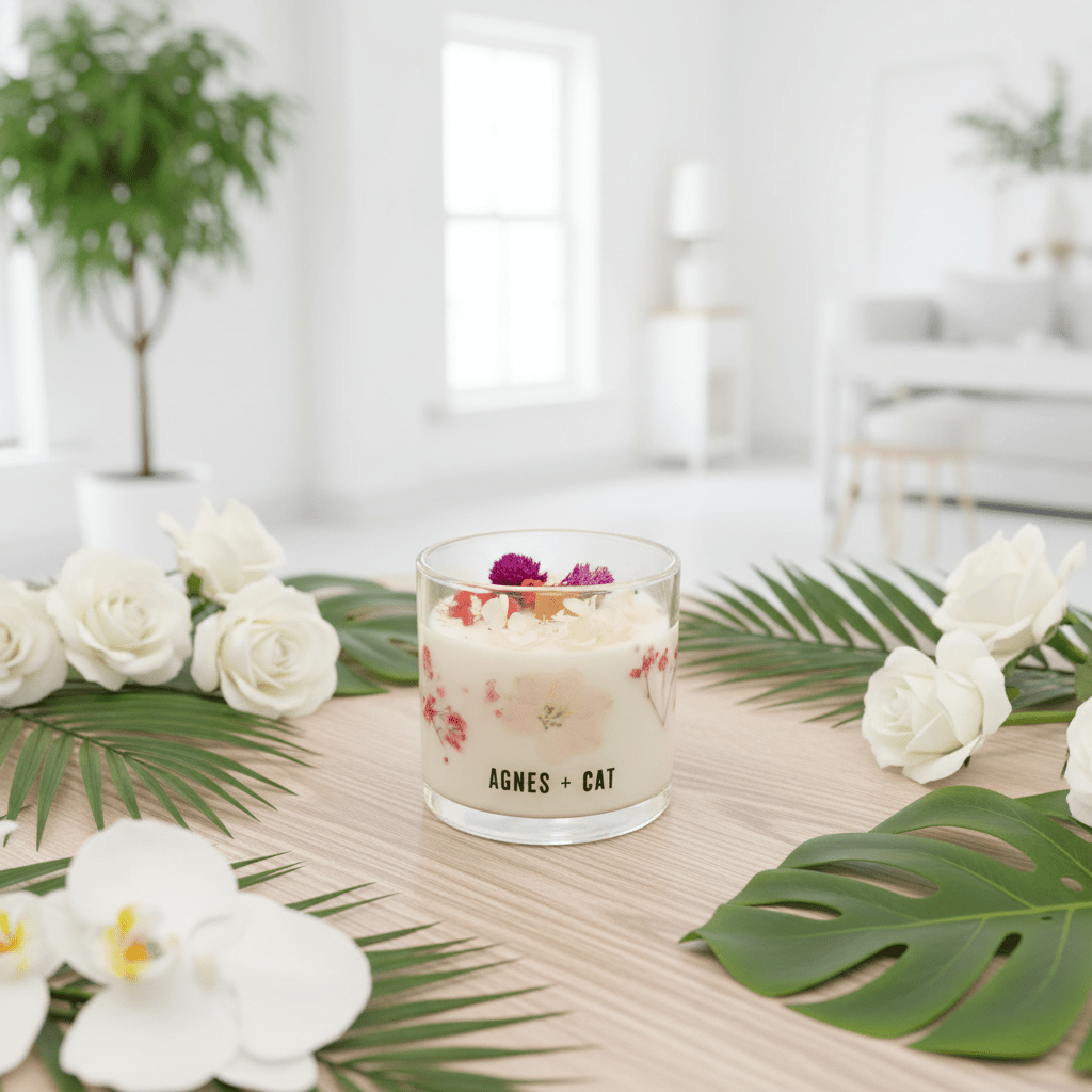 Candle with floral design on a table surrounded by white flowers and green leaves in a bright room.