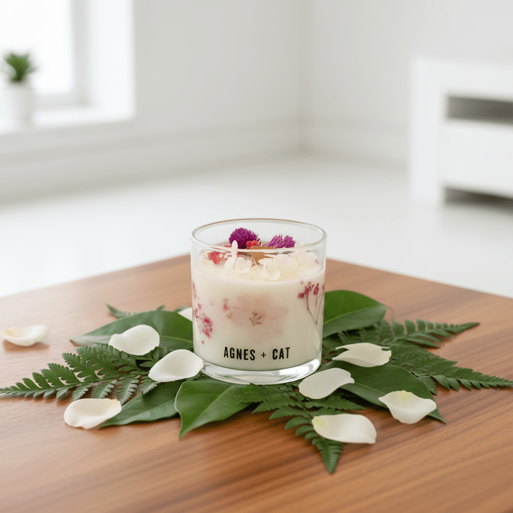 Botanical candles and rose petals and floral decorations on a wooden surface