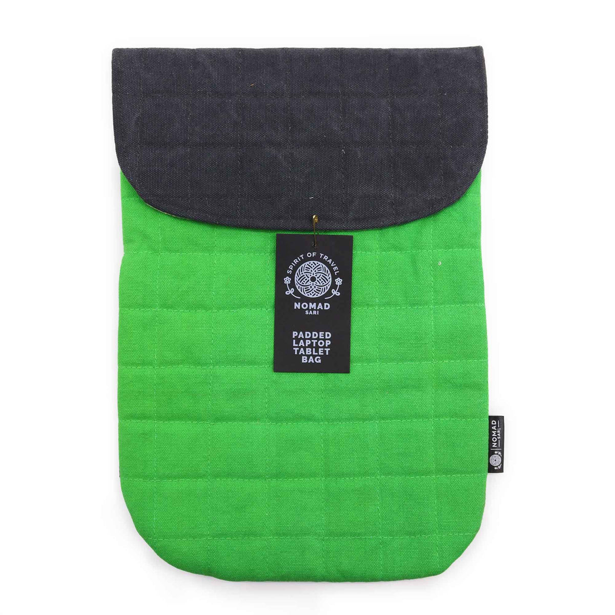 Green and black padded cotton laptop tablet bag with a brand label on a white background