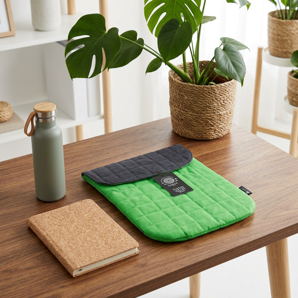 A quilted laptop sleeve in bright green with a dark charcoal flap, displayed on a wooden table alongside a cork notebook, a matte green bottle, and potted plants in a bright, modern room.