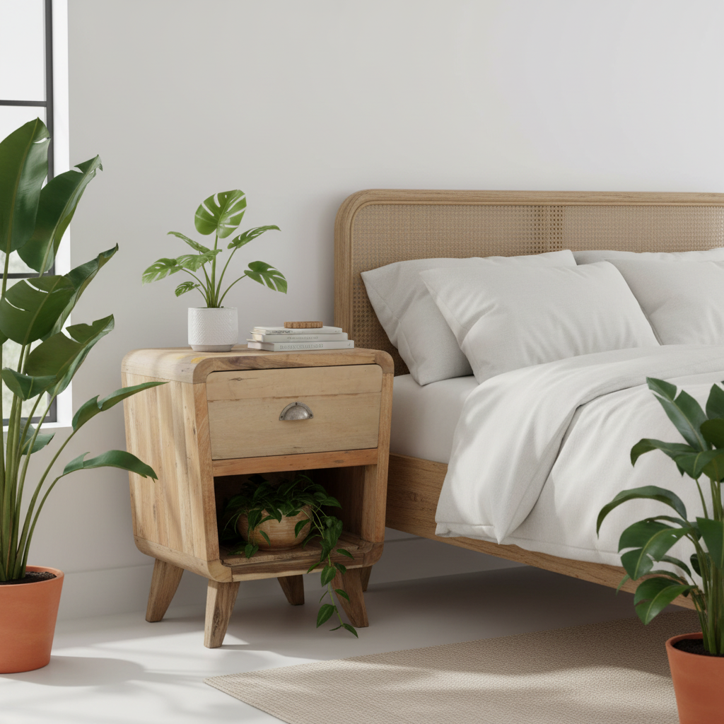 A light natural wood nightstand with a single drawer and open lower shelf, styled beside a bed with white bedding in a bright bedroom. The nightstand is flanked by potted green plants, and the background is a clean white wall.