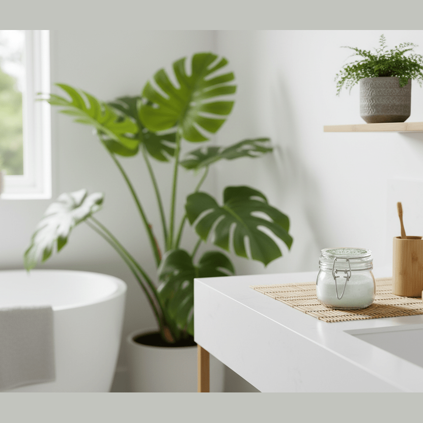 Modern bathroom with a bathtub, plants, and a sink area.