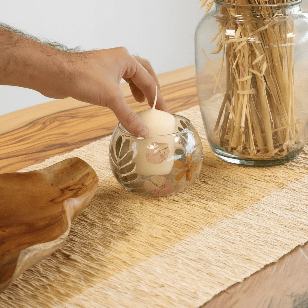 Hand placing a small candle in a glass holder on a wooden surface with a jar of matches in the background.