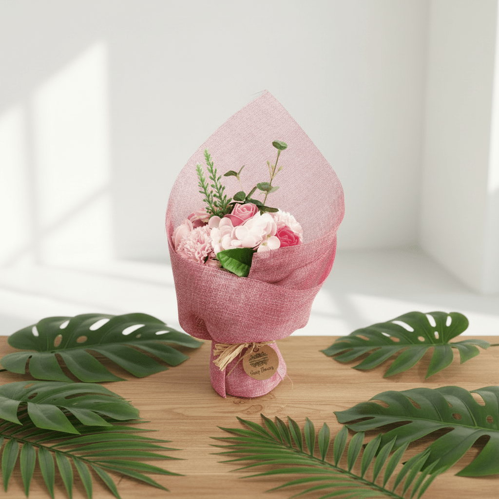 Bouquet of flowers wrapped in pink paper with green leaves on a wooden surface