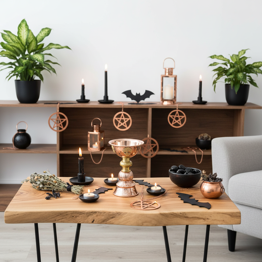 A styled Halloween tabletop scene with a wooden coffee table holding a copper chalice, black candles, lanterns, bats, a bowl of black beans, and dried herbs. Behind it, a wooden shelf displays matching decor including lanterns, pentagrams, a bat, and potted plants against a white wall.