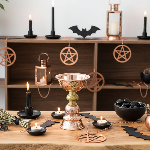A styled Halloween tabletop scene with a metallic chalice centerpiece, black candles, hanging pentagram ornaments, a lantern, bat cutouts, a bowl of black stones, and dried herbs on a wooden shelf and table.