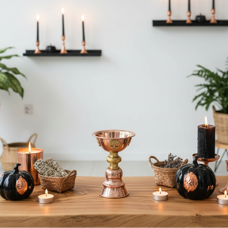 A styled tabletop display featuring a central copper chalice, black pumpkins with metallic gold accents, black and copper candles, woven baskets, and small tea lights on a wooden table, with a softly blurred interior background containing shelves, candles, and plants.