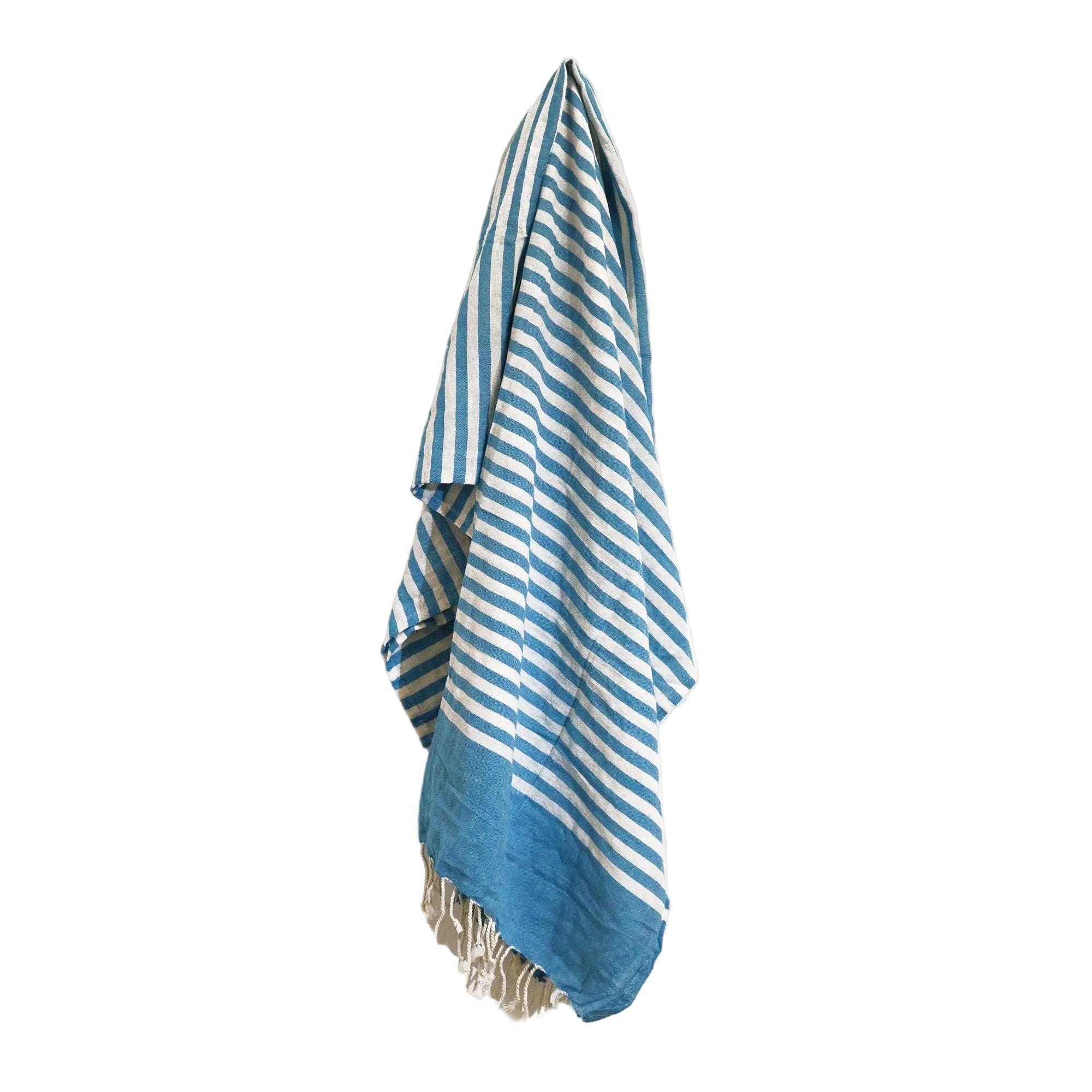 Blue and white striped towel with tassels on a white background