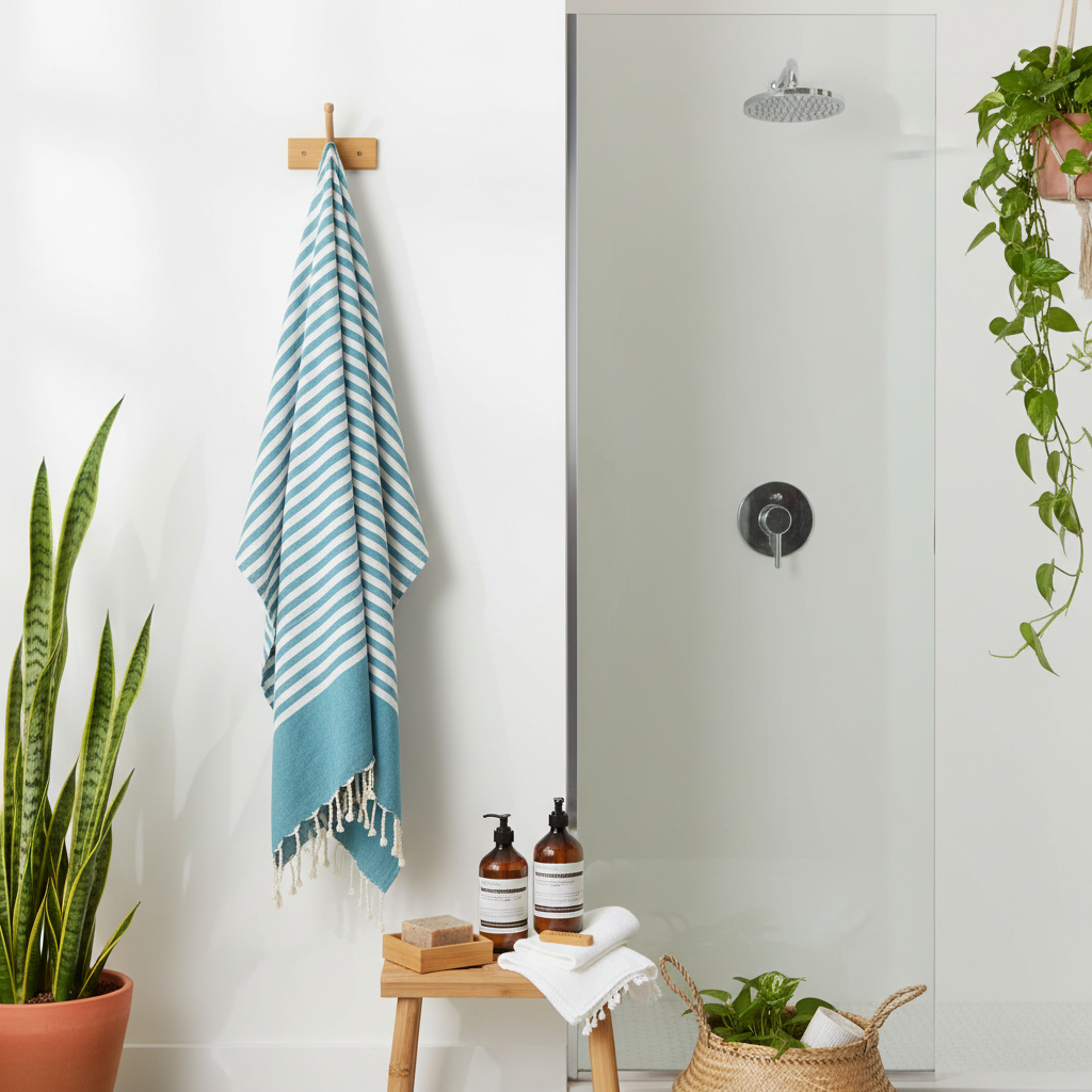 A blue and white striped cotton towel with fringe hangs from a wooden wall hook in a bright bathroom setting next to a frosted glass shower door, with potted plants and toiletries on a small wooden stool.