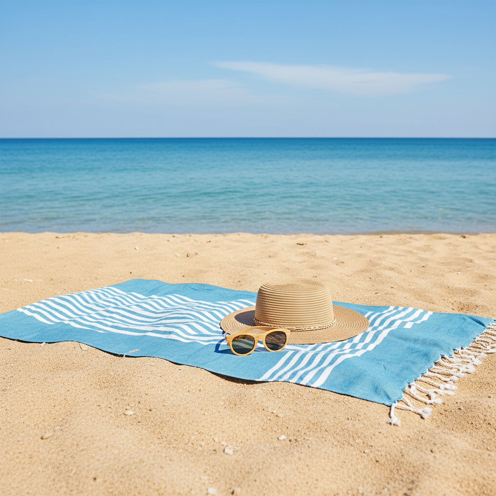 A blue and white striped beach towel with white fringe lies on sandy beach, styled with a straw hat and round sunglasses, with the ocean and blue sky in the background.