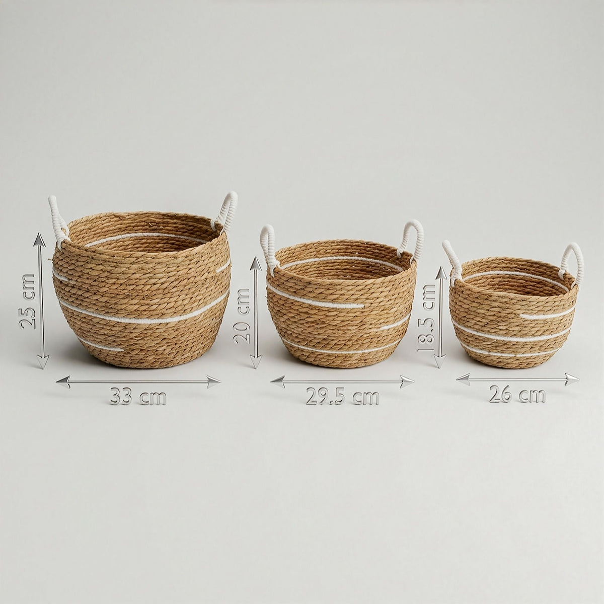 Supplier dimension diagram showing the three striped baskets with width and height measurements