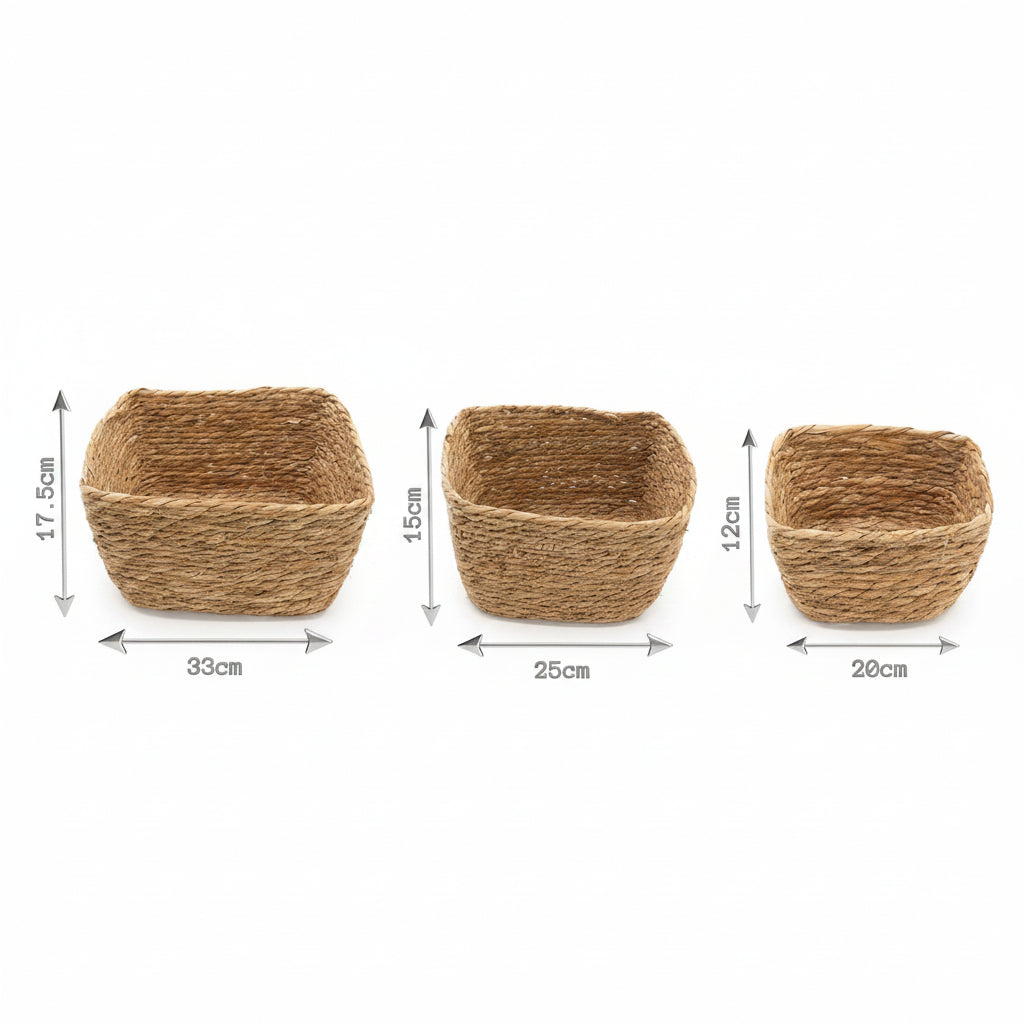 Three woven baskets of different sizes with dimensions indicated on a white background