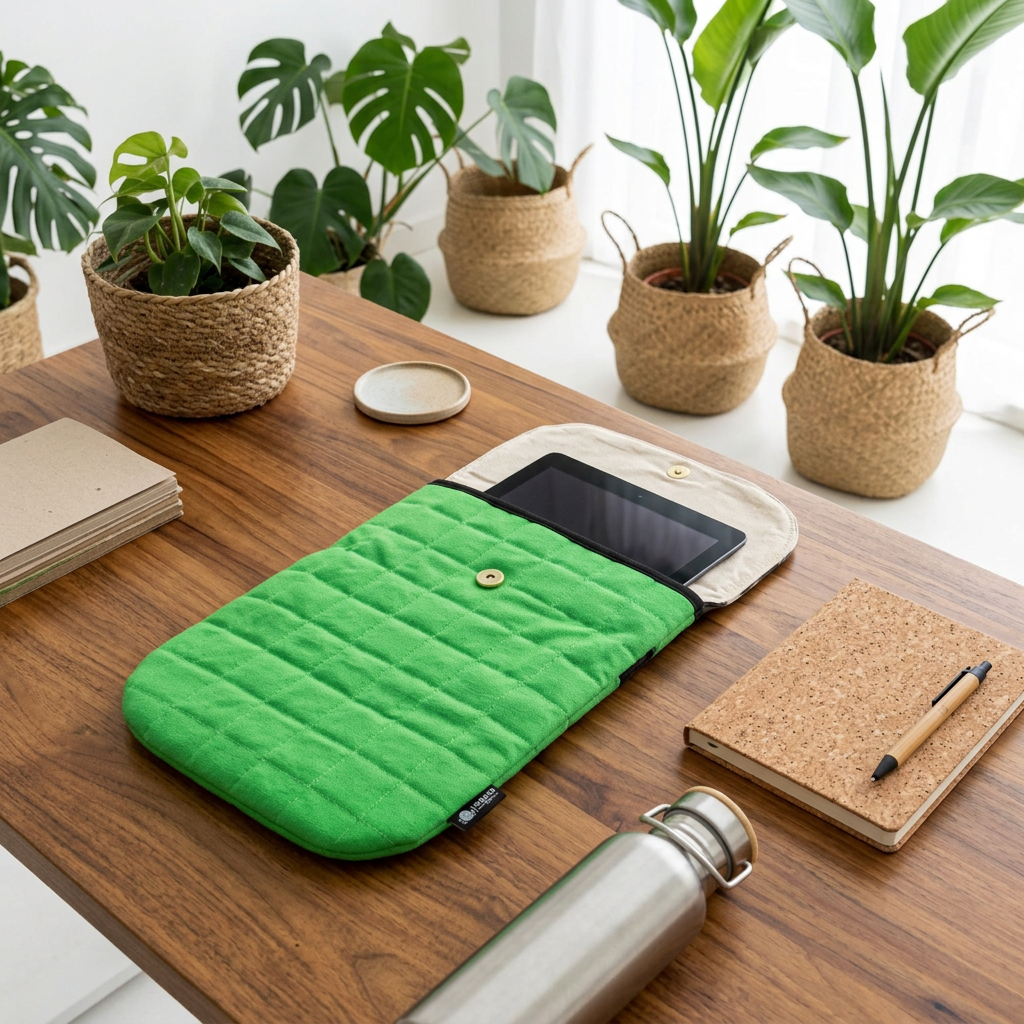 A green quilted tablet sleeve with a beige flap and magnetic fastening sits open on a wooden desk, holding a black tablet. The scene is styled with potted plants, notebooks, a metal water bottle, and a small tray in a bright indoor setting.