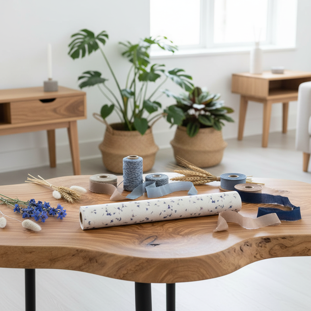 A styled interior scene showing a tabletop with rolls of handmade Lokta paper with real pressed cornflower petals, ribbon, twine, dried wheat, and small flowers, with potted plants and wooden furniture in the background.