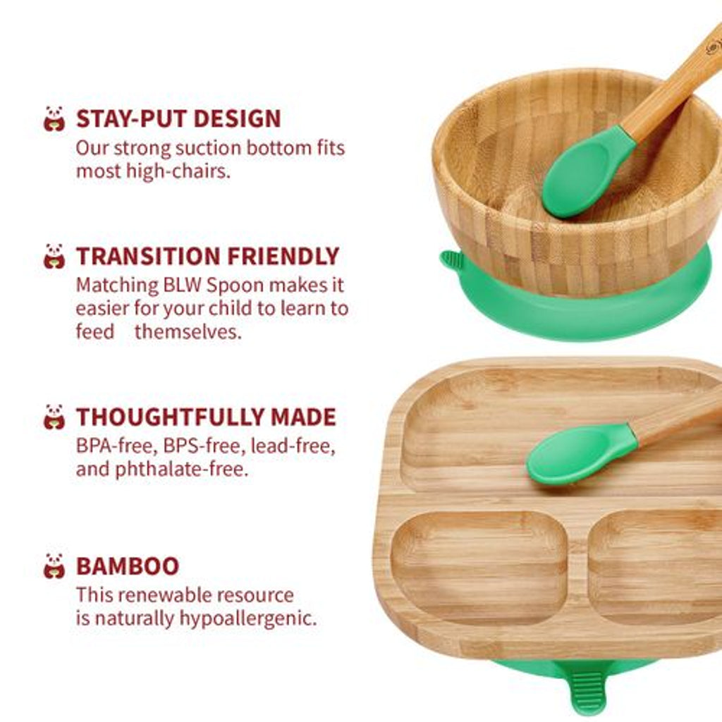 Emmy Jane -Baby Bowl Set - Bamboo Bowl Plate & Spoon Set - Suction Plate Stay-Put Base. Made from all-natural hypoallergenic bamboo and food-grade silicone to protect your child from BPA, phthalates, and other toxins.