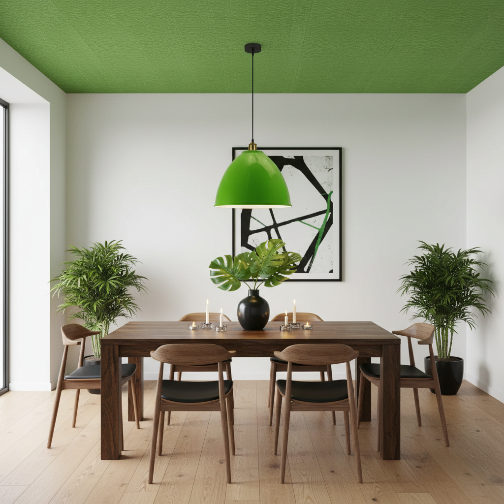 A modern dining room setup featuring a dark wood rectangular table surrounded by six wooden chairs with black seat cushions. A vibrant green dome pendant light hangs above, and a green leafy plant sits in a black vase on the table.