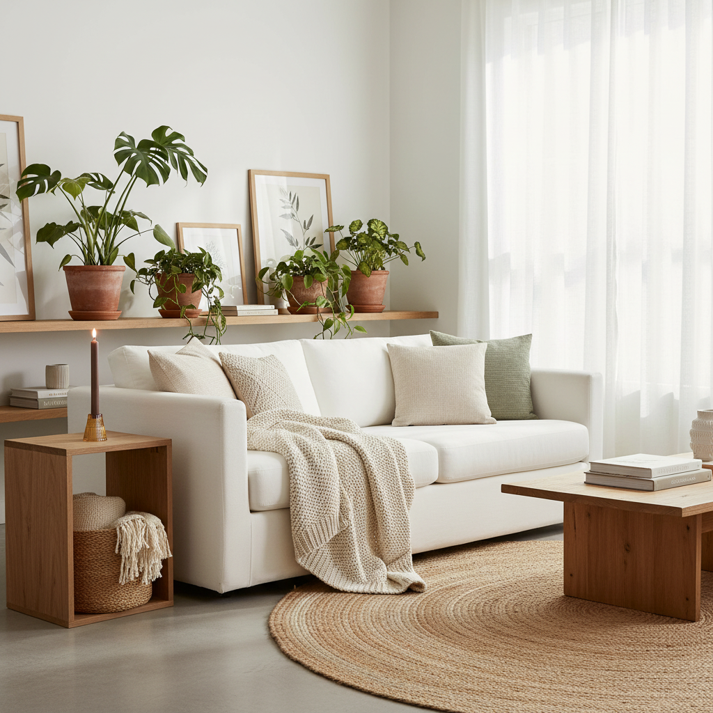 A bright, modern living room featuring a white fabric sofa with neutral-toned throw pillows and a cream knit blanket draped over the arm. The sofa is styled with a light wood side table, a woven round rug, several potted green plants and a glass candle holder on a wooden shelf against a white wall.