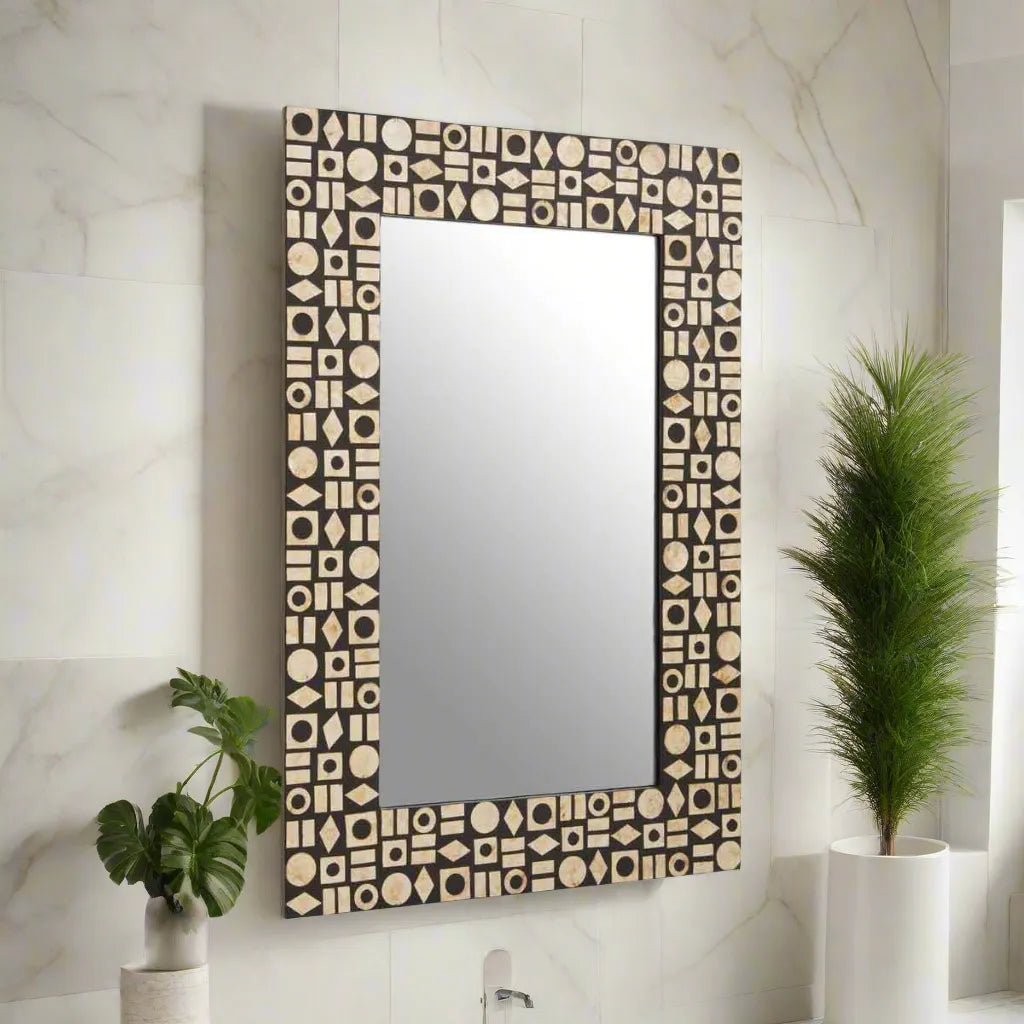 Orsina Black Wall Mirror Resin with Shell Inlay Geometric Design Home & Garden > Decor > Mirrors > Palu Black Wall Mirror with Shell Inlay emmy-jane-boutique.myshopify.com