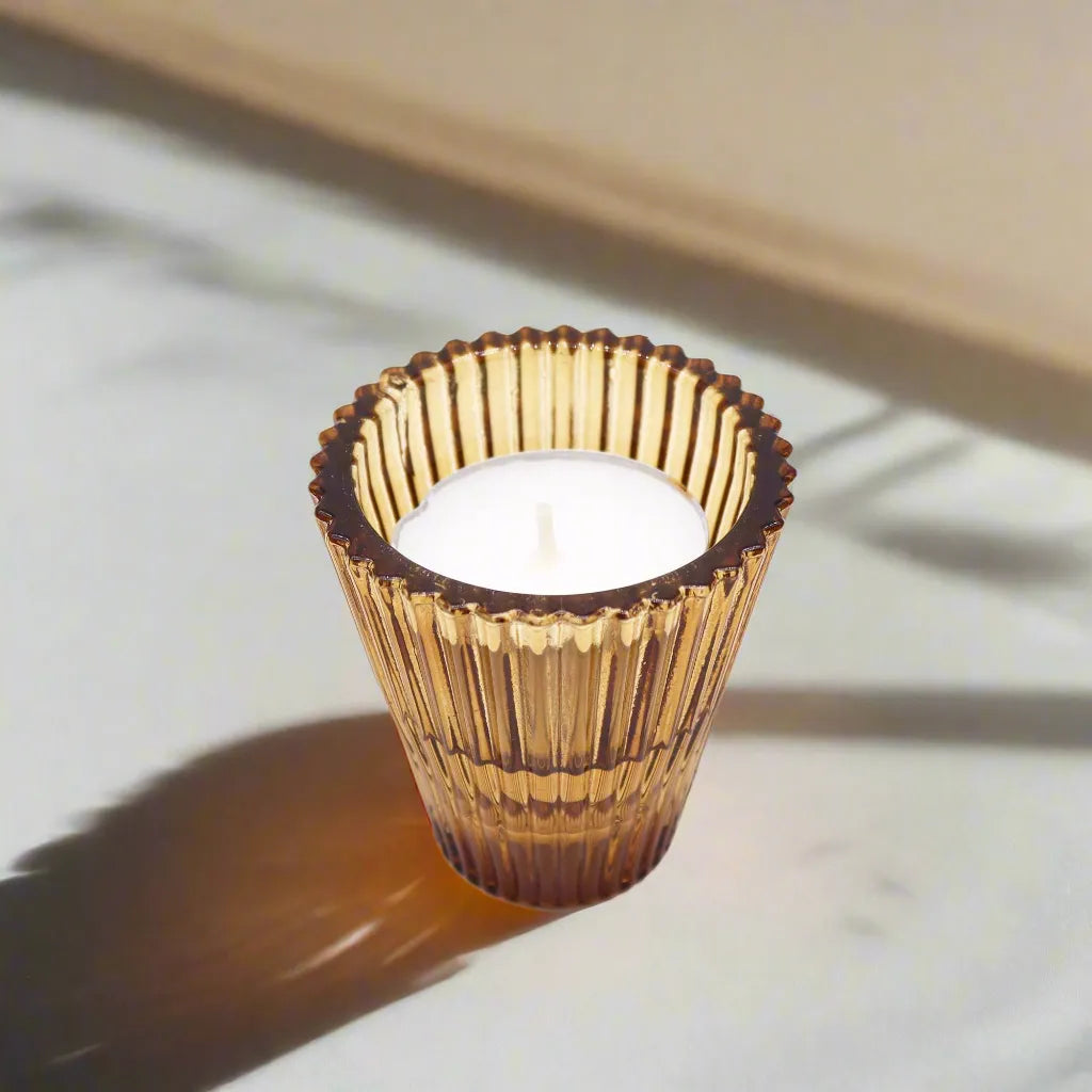 Ancient Wisdom Flip Amber Dinner Candle / Tealight Holder - Antique Amber Home & Garden > Decor > Home Fragrance Accessories > Candle Holders > Glass Candle Holders > Orange Candle Holders emmy-jane-boutique.myshopify.com