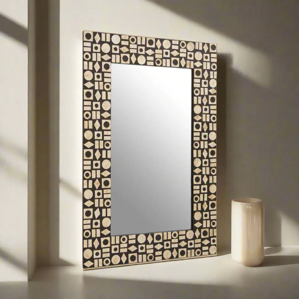 Orsina Black Wall Mirror Resin with Shell Inlay Geometric Design Home & Garden > Decor > Mirrors > Palu Black Wall Mirror with Shell Inlay emmy-jane-boutique.myshopify.com