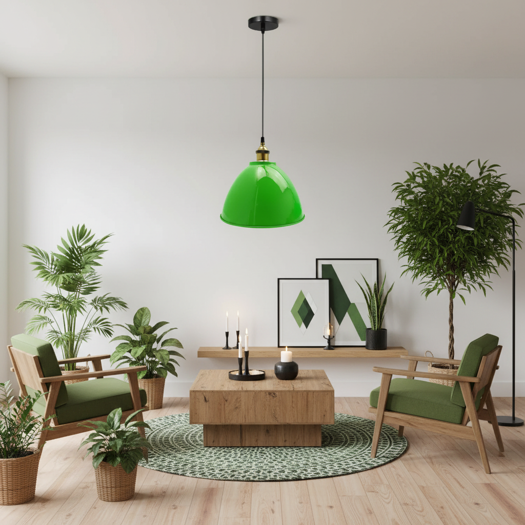 A modern living room scene with two mid-century style wooden armchairs featuring green cushions, a low wooden coffee table, a green pendant light, and multiple potted plants against a white wall.