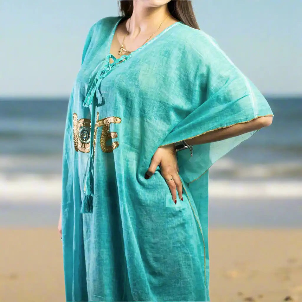 Ancient Wisdom Cotton Kaftan Dress - Handpainted Summer Tops Clothing & Accessories > Clothing > Shirts & Tops > Cotton Kaftans > On the Med Beach Clothing Collection > Handpainted Summer Tops emmy-jane-boutique.myshopify.com