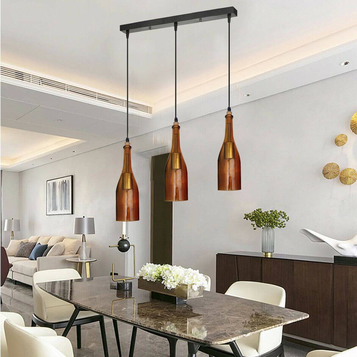 Industrial Ceiling Pendant Light 3Wine Bottle Cluster Glass Lampshade~1345-14