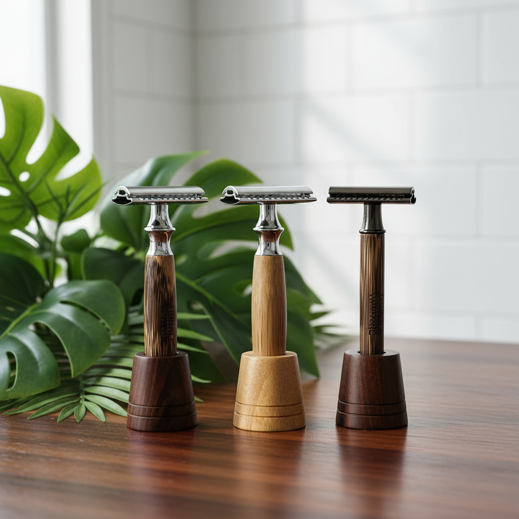 Three reusable safety razors with wooden handles and metal heads, displayed on matching wooden stands on a wooden table with green leaves and a white tiled wall in the background.