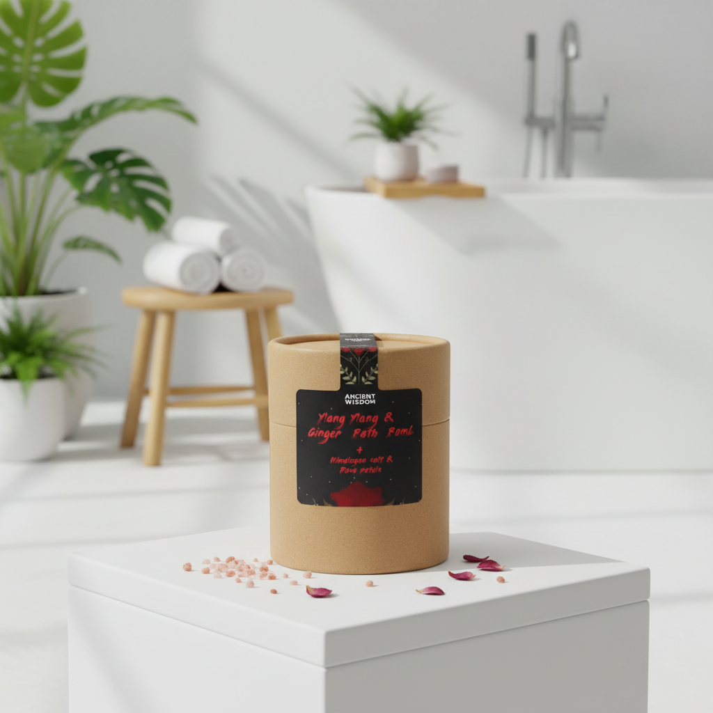 Natural bath bomb gift in a brown container with a label on a white surface, with plants and a bathtub in the background.