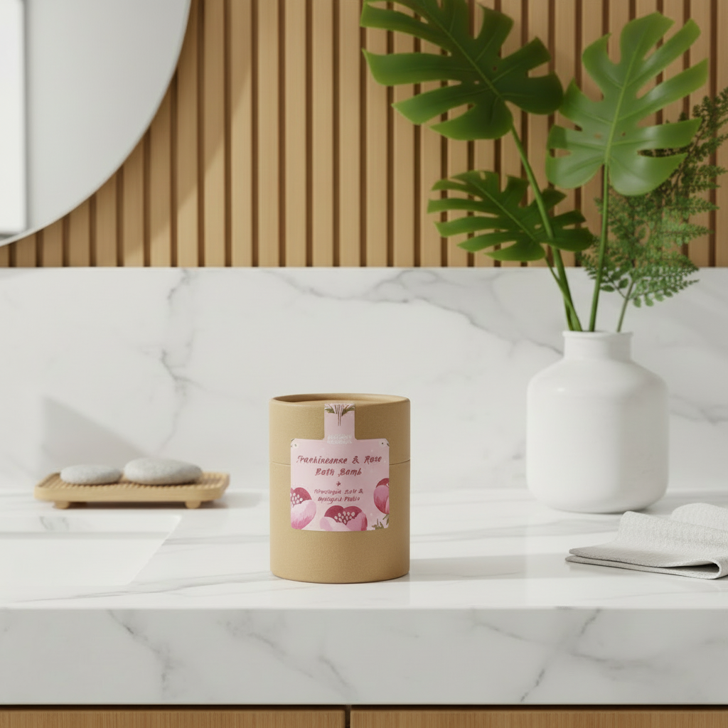 Natural bath bomb gift with a pink label on a marble surface next to a plant