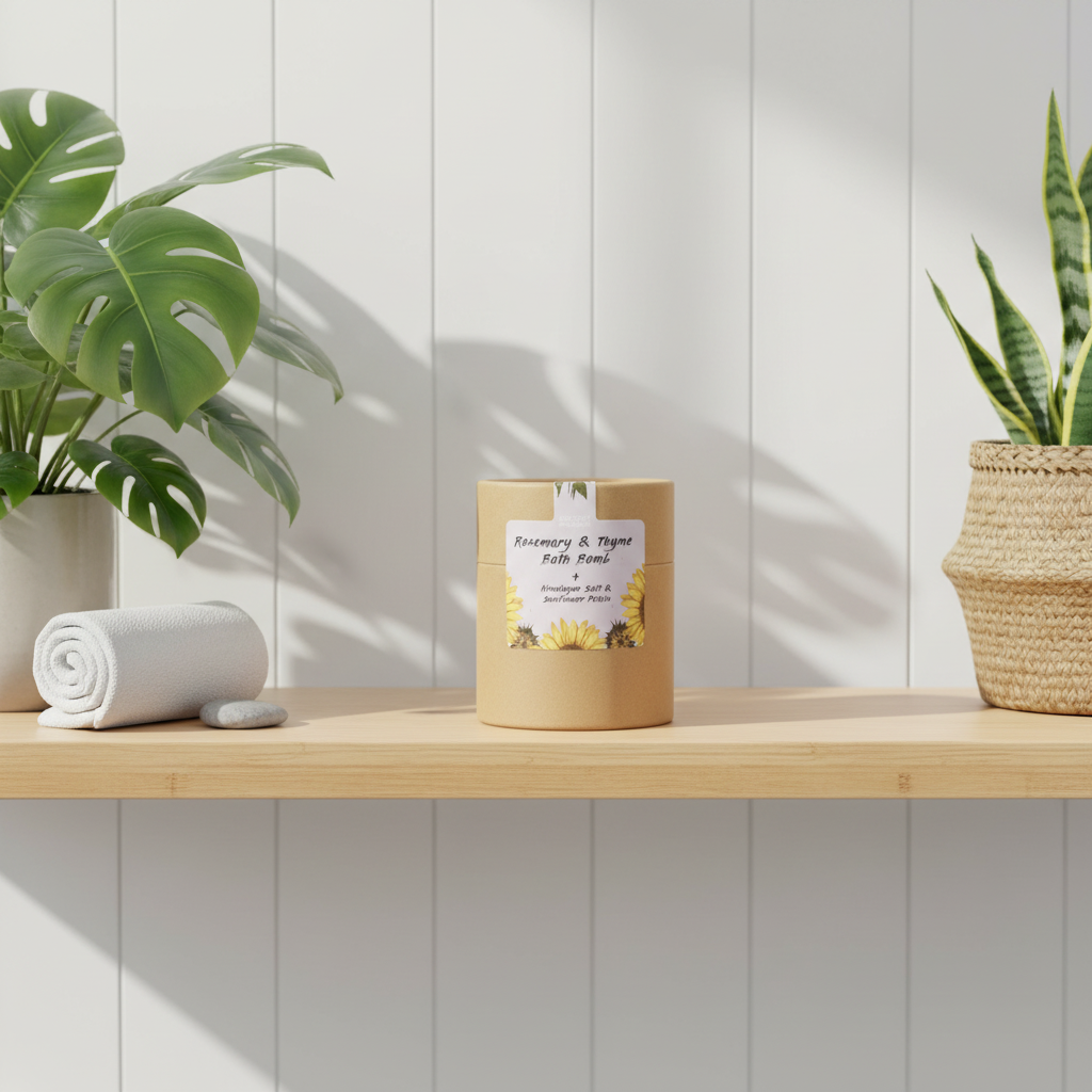 Natural bath bomb gift on a wooden shelf with plants and towels in the background