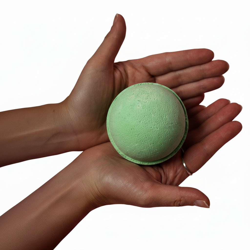 Green bath bomb held in two hands against a white background