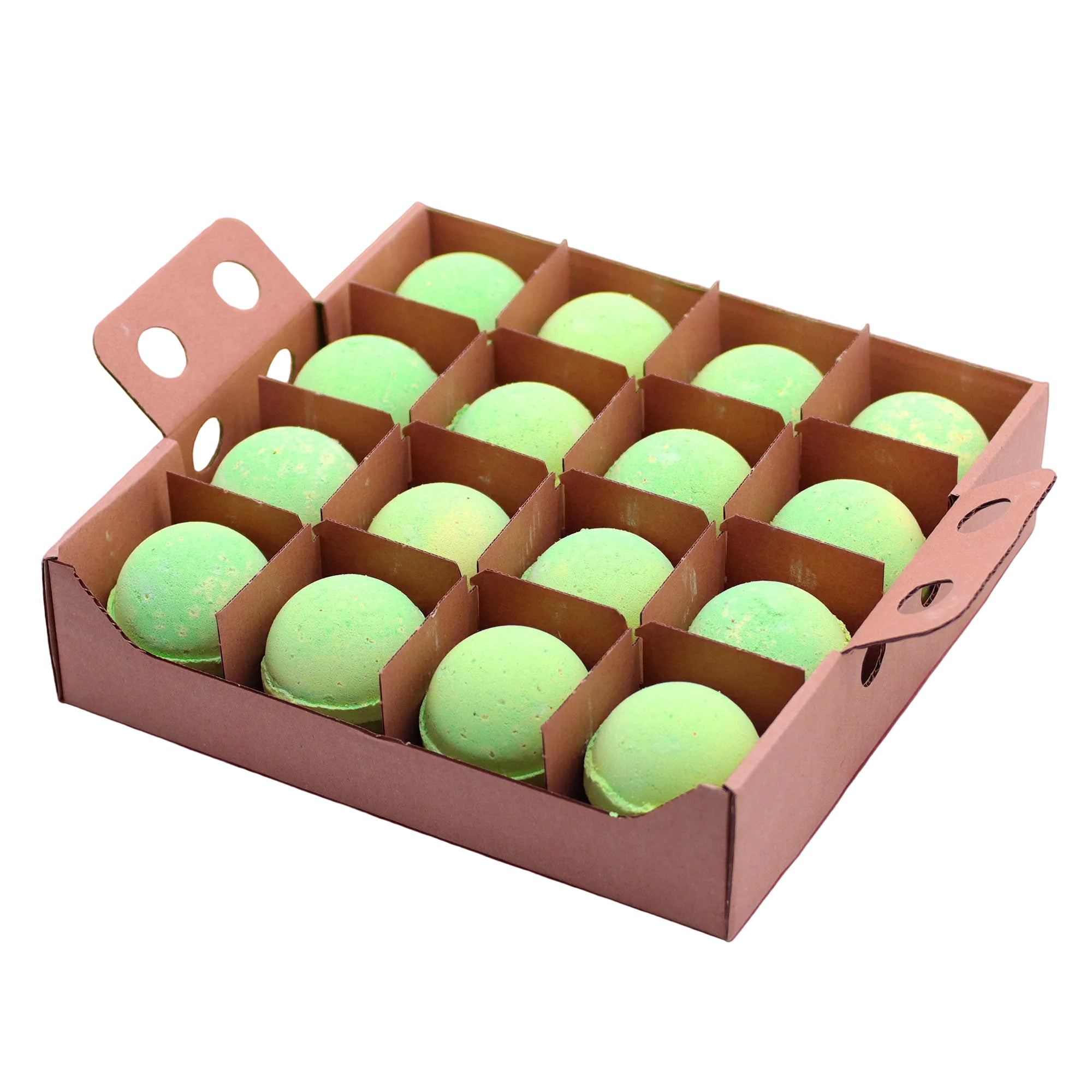 Box of green bath bombs on a white background