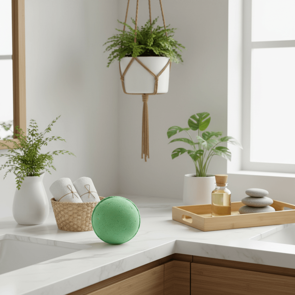 Modern bathroom with white countertops, plants, and a green bathbomb.