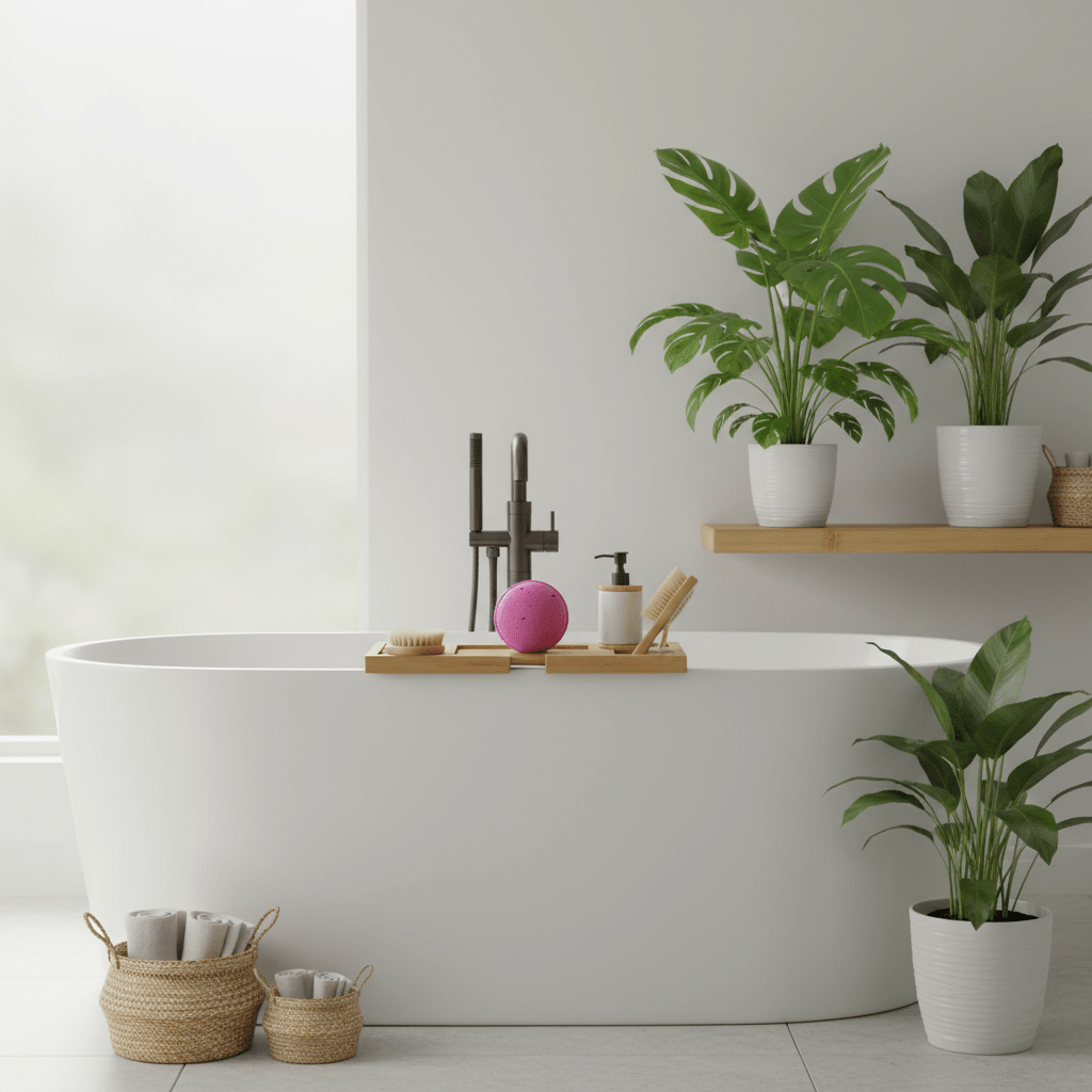 Bathroom with a freestanding bathtub, plants, and bath items.