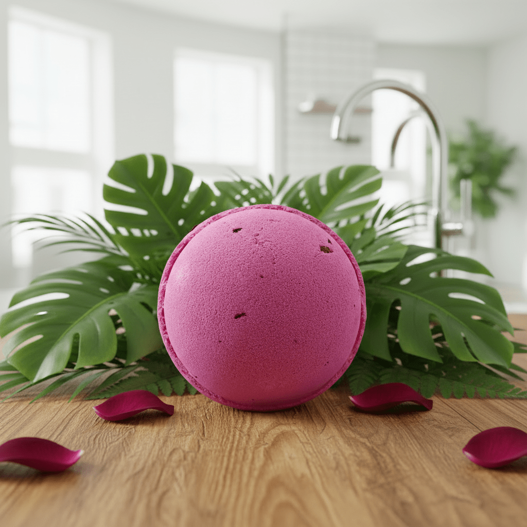 Pink bath bomb on a wooden surface with green leaves and rose petals