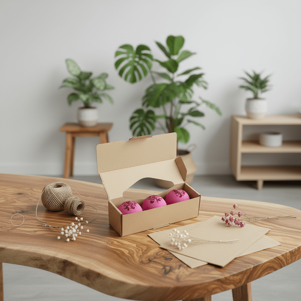 A cardboard box with pink bathbombs on a wooden table in a room with plants