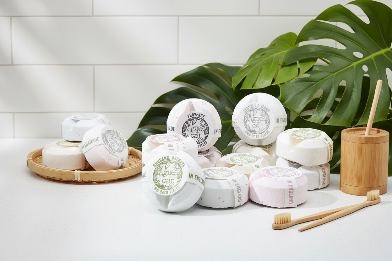 Various bath fizzers on a white surface with a bamboo basket and toothbrushes, against a white tiled wall with green leaves.