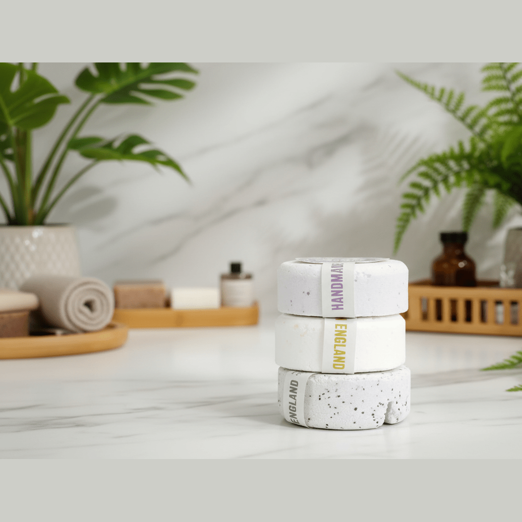 Stack of bath fizzers with speckled texture on a white surface with plants in the background