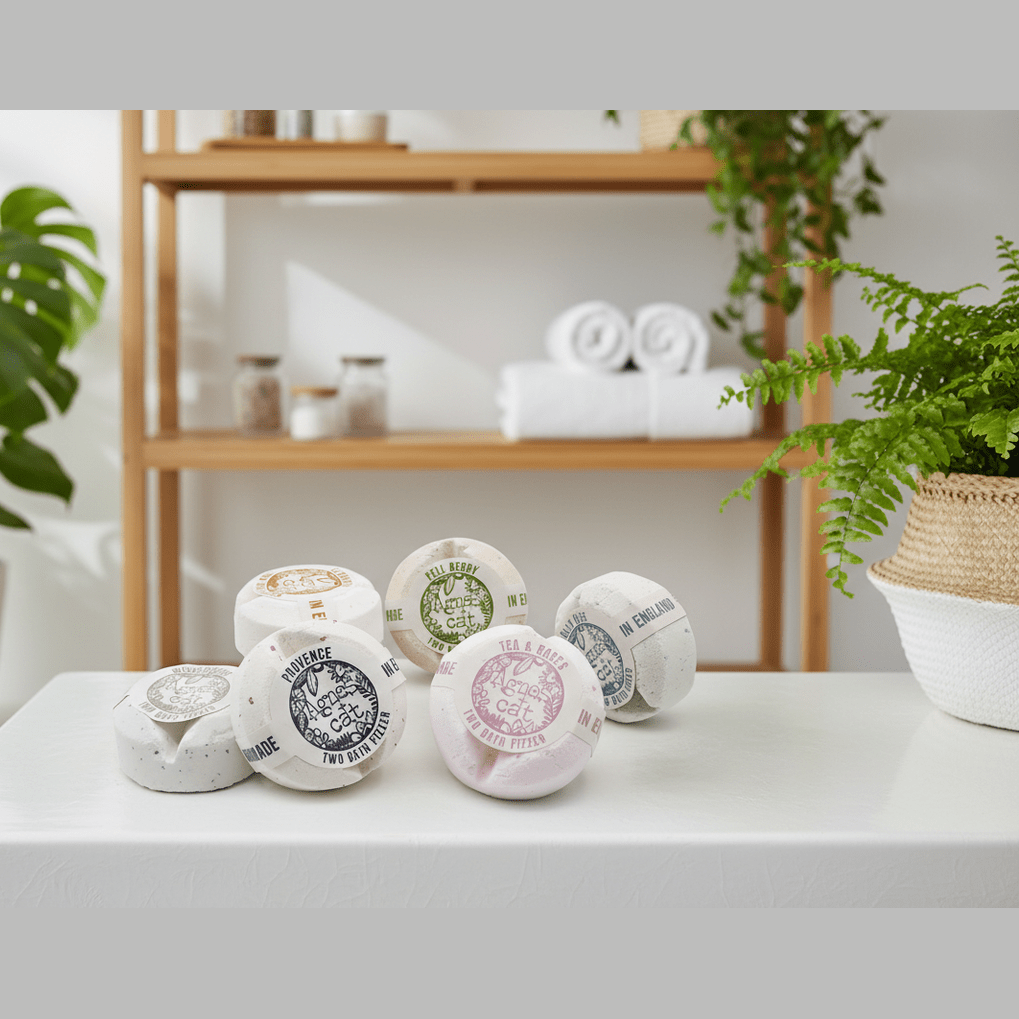 Bath bombs with visible branding on a white surface with plants and shelves in the background