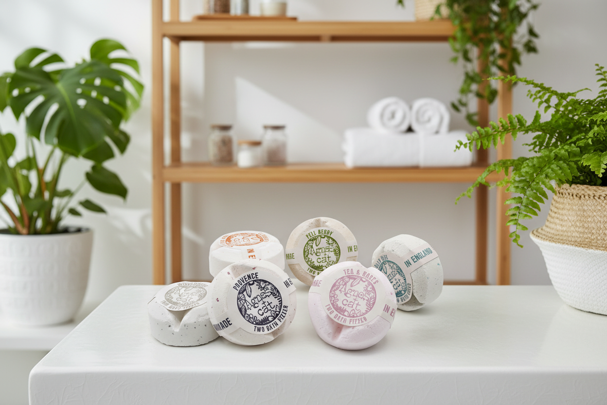 Bath bombs with visible branding on a white surface with plants and shelves in the background
